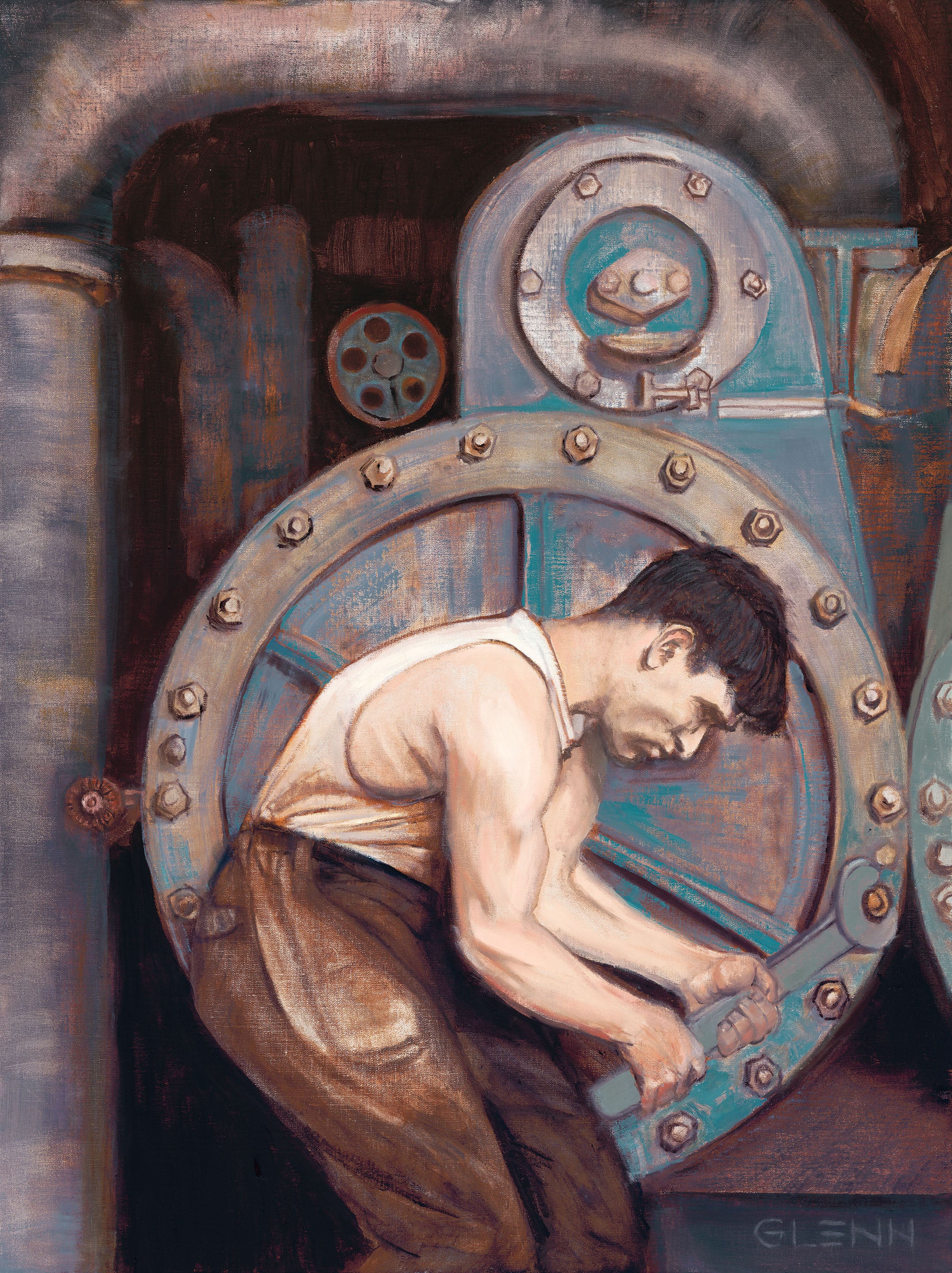 Boiler Maker art print featuring a young man working on an industrial machine by Glenn Beck