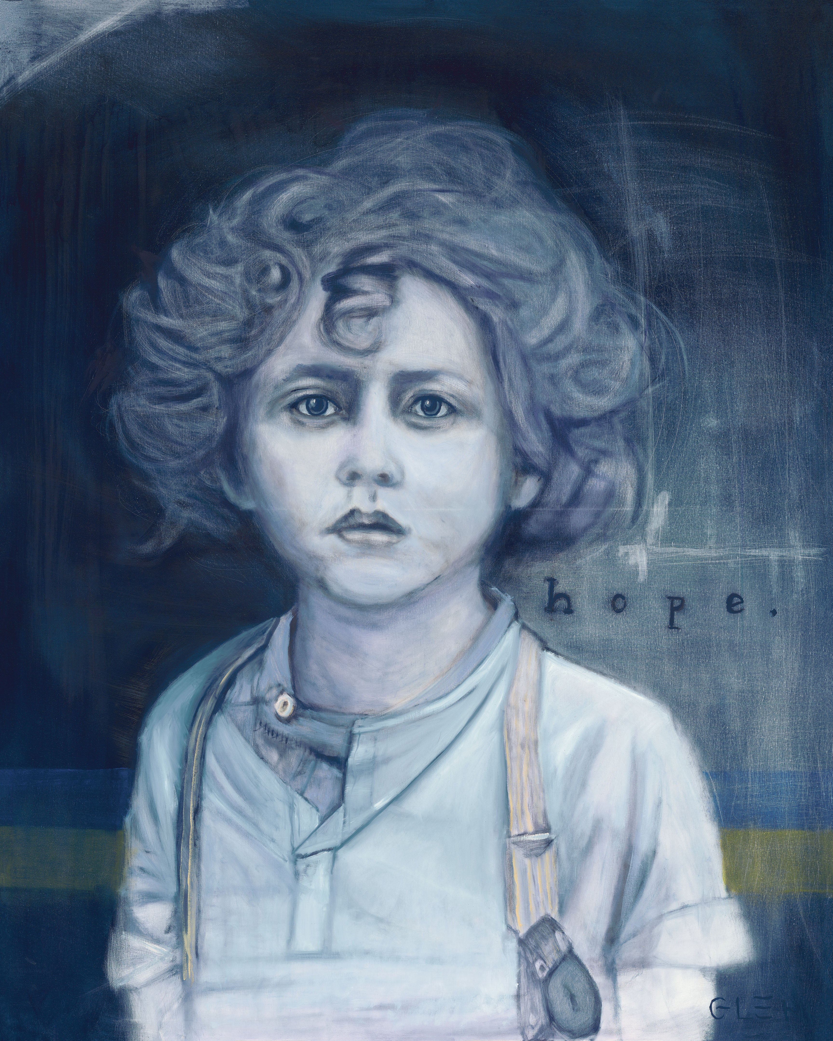 Grayscale portrait art print of a young child with curly hair and the word 'hope', by Glenn Beck