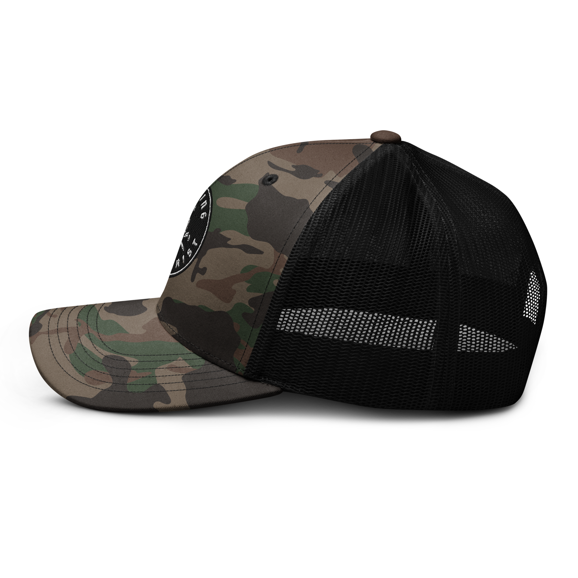 No King But Christ Camouflage Trucker Hat left side view