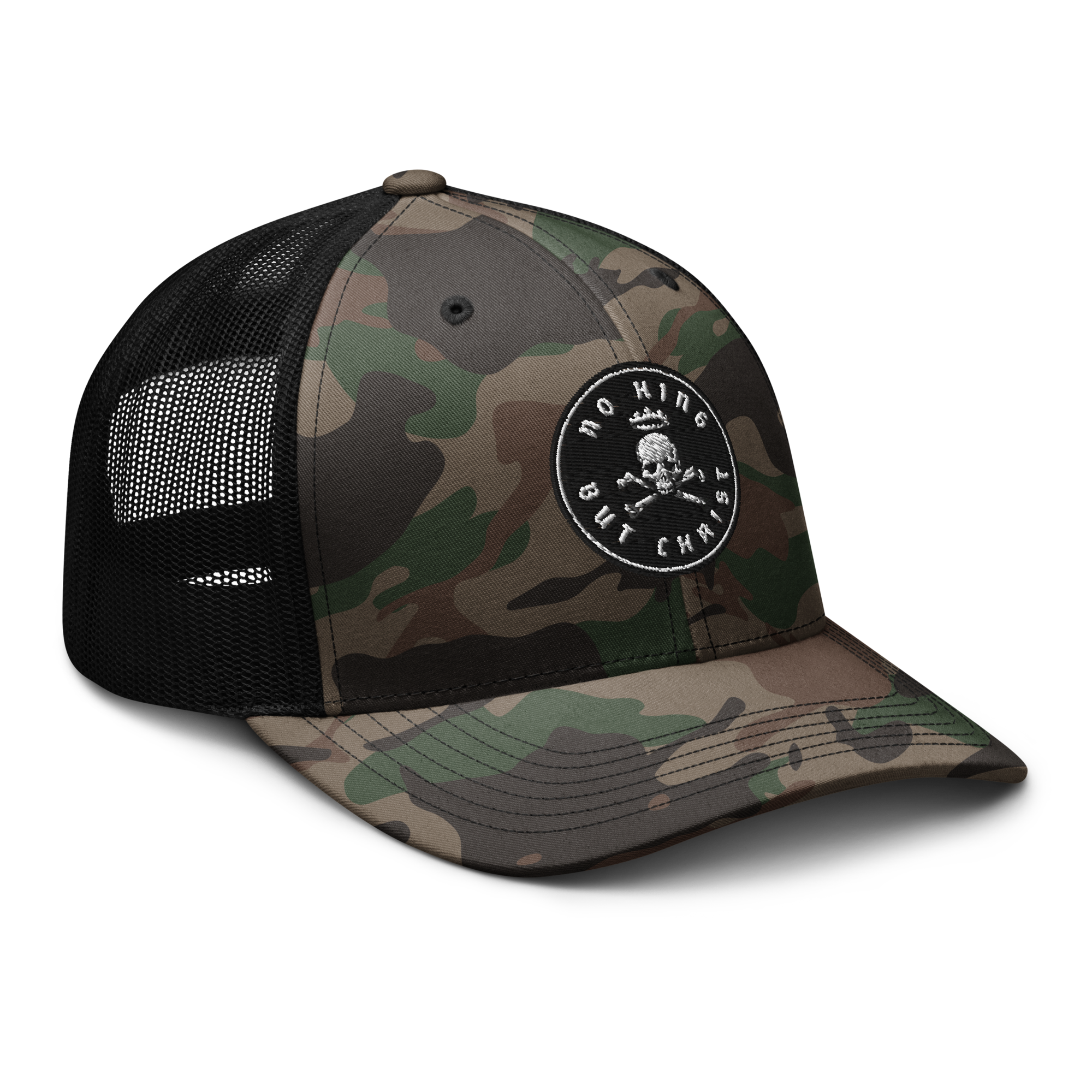 No King But Christ Camouflage Trucker Hat right front angle