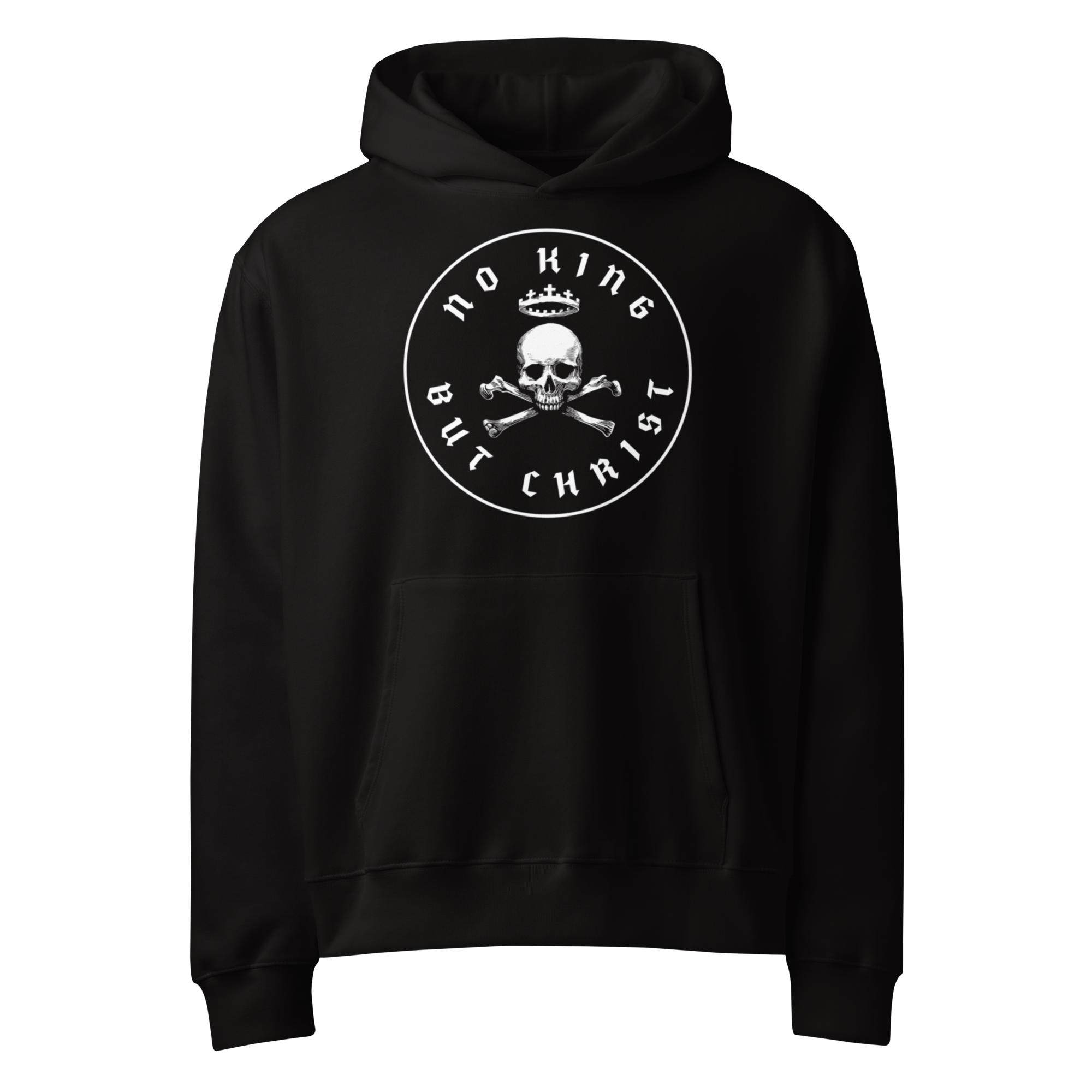 Black No King But Christ oversized heavyweight hoodie featuring white crown skull-and-crossbones retro seal on front, faith-based apparel by Glenn Beck Shop.