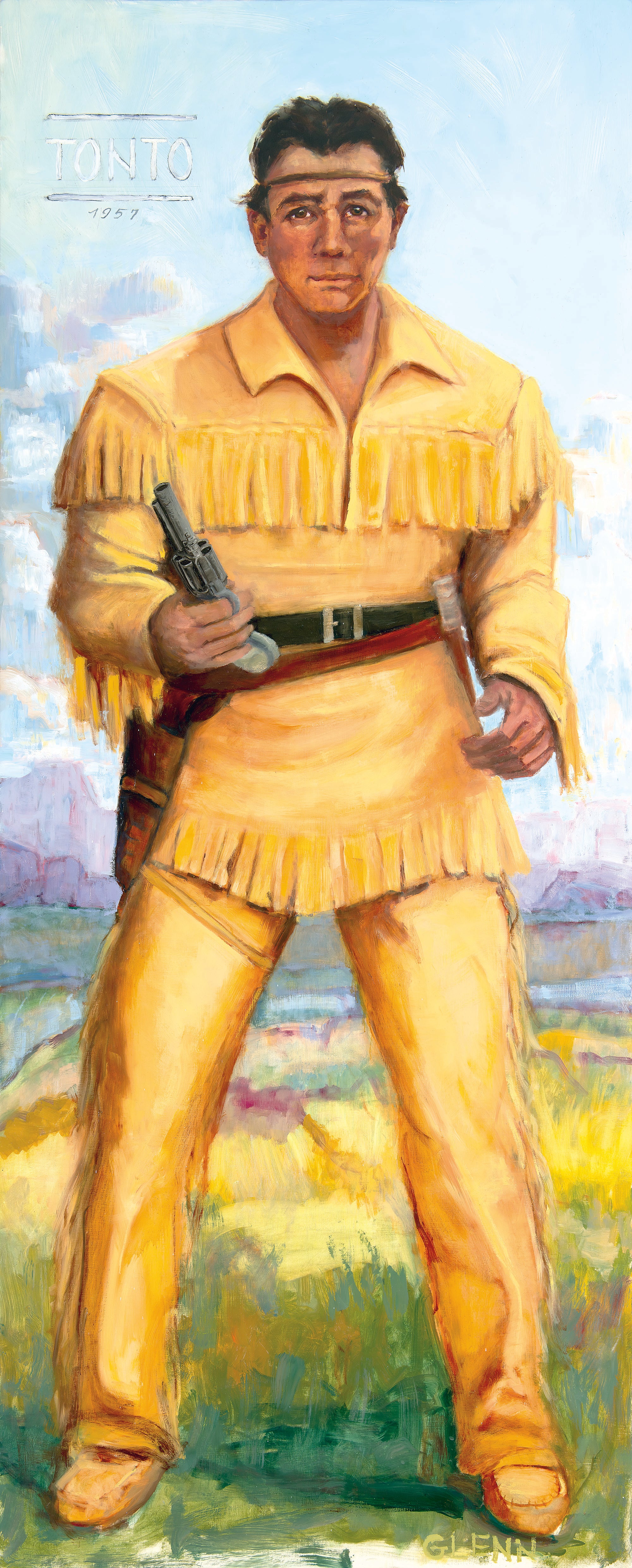 Painting of Tonto from the Lone Ranger series, holding a gun and wearing a yellow fringed outfit, art print by Glenn Beck