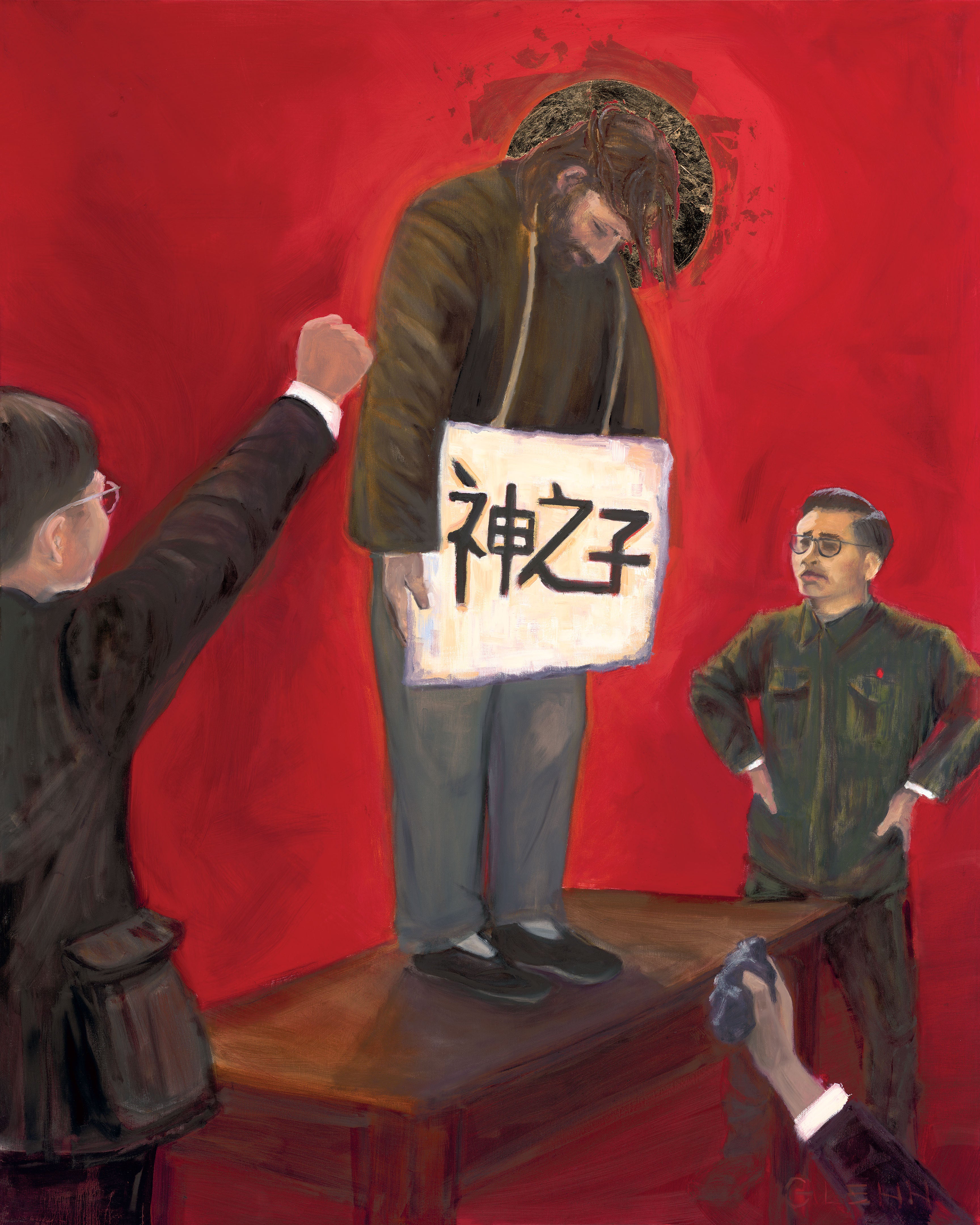 Chinese Jesus painting showing Jesus with a Mandarin sign reading 'Son of a King', with two men in suits, by Glenn Beck