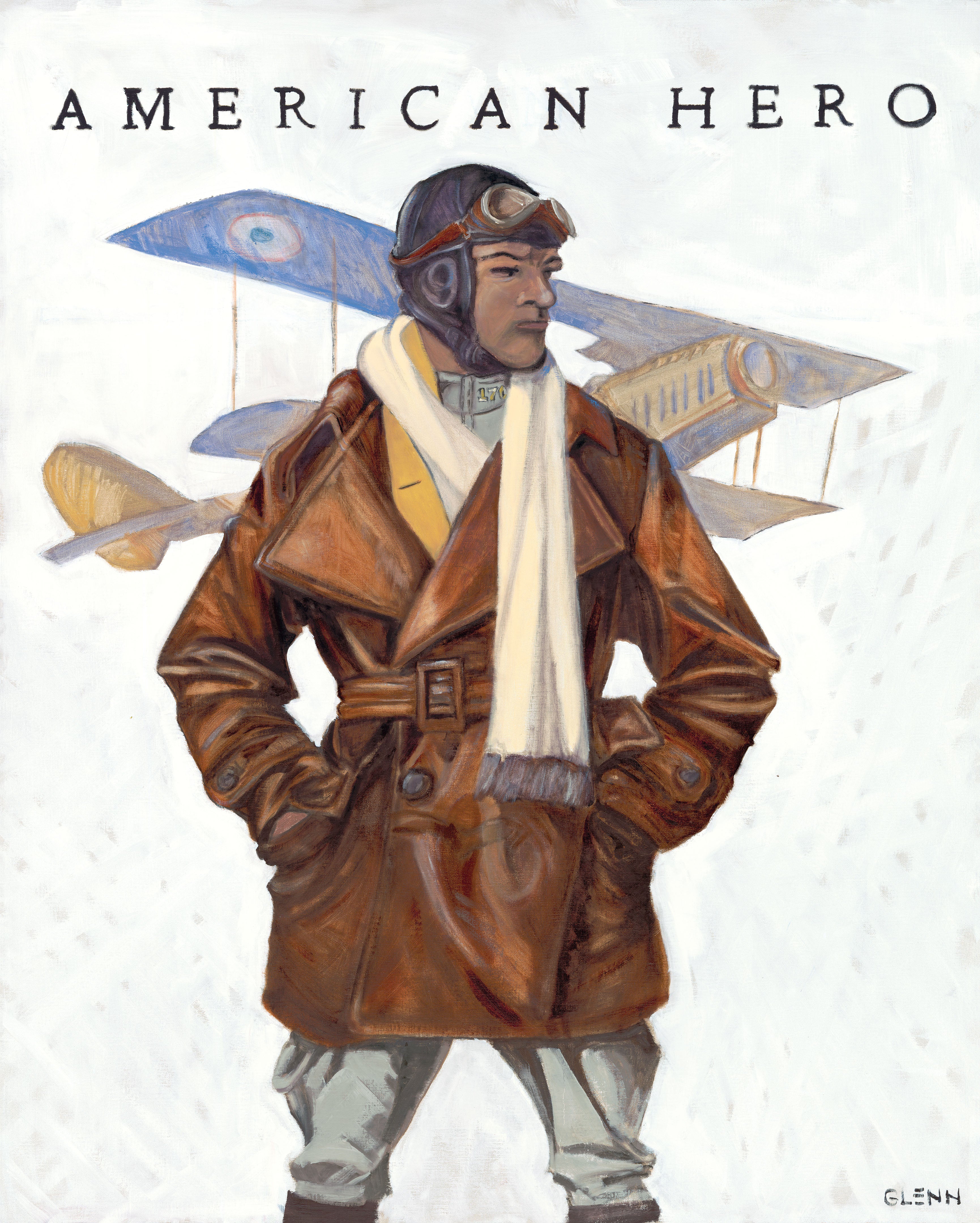 American Hero oil painting of Eugene Jacques Bullard with French biplane by Glenn Beck