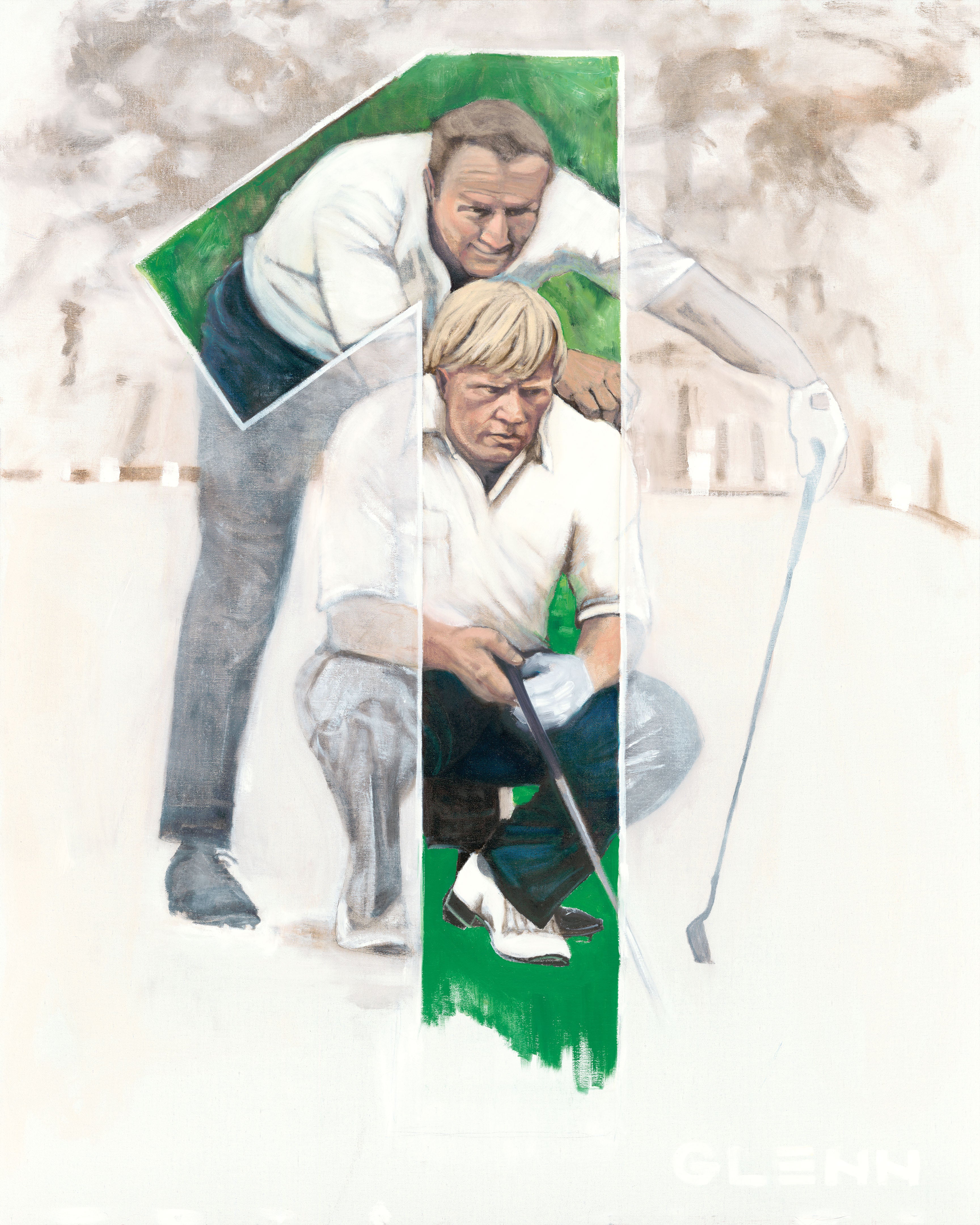 Ben Hogan and his caddie focusing on his legendary 1 iron shot on a green, art print by Glenn Beck
