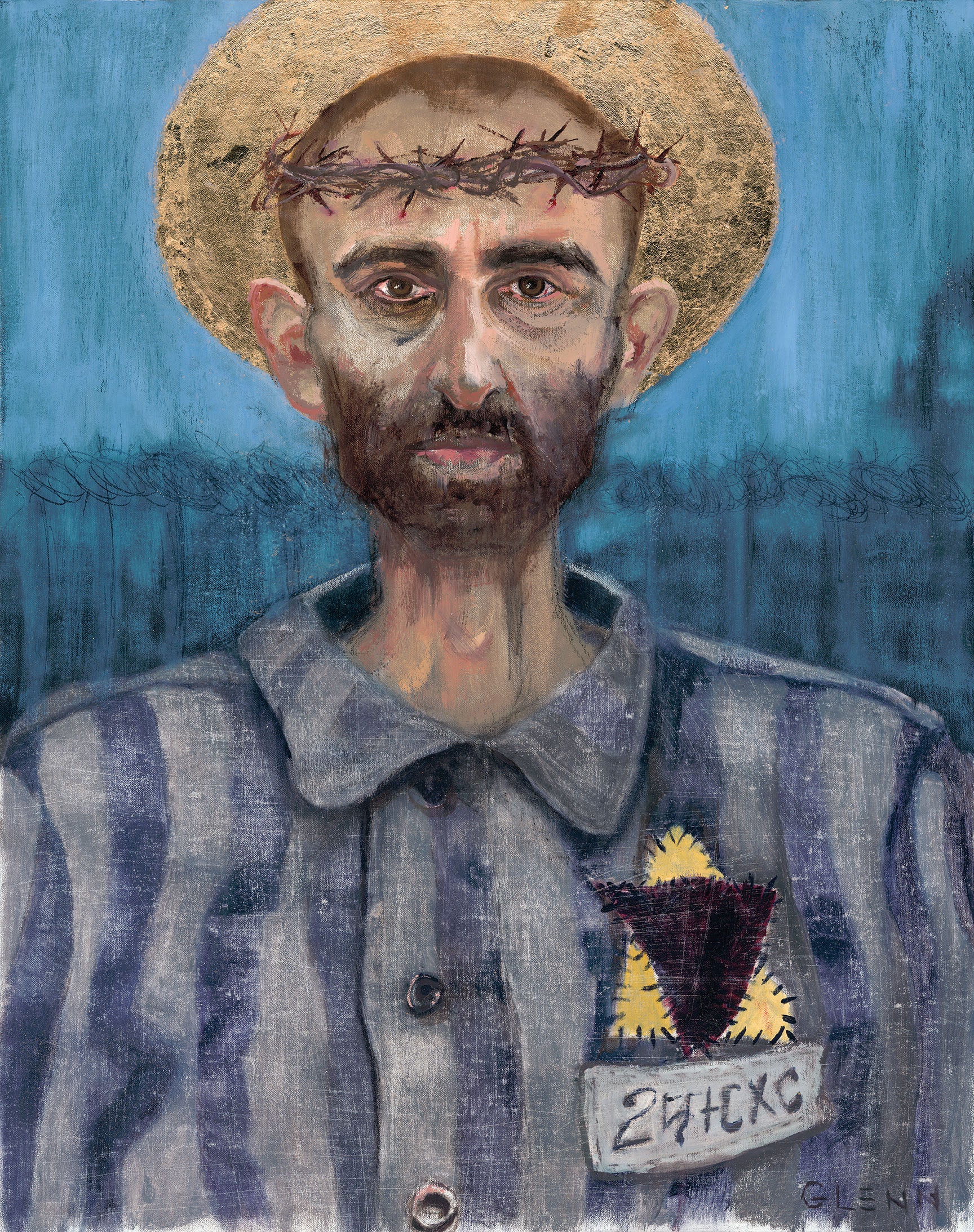 Holocaust Jesus oil painting showing a figure in concentration camp uniform with crown of thorns and letters TCXC, by Glenn Beck
