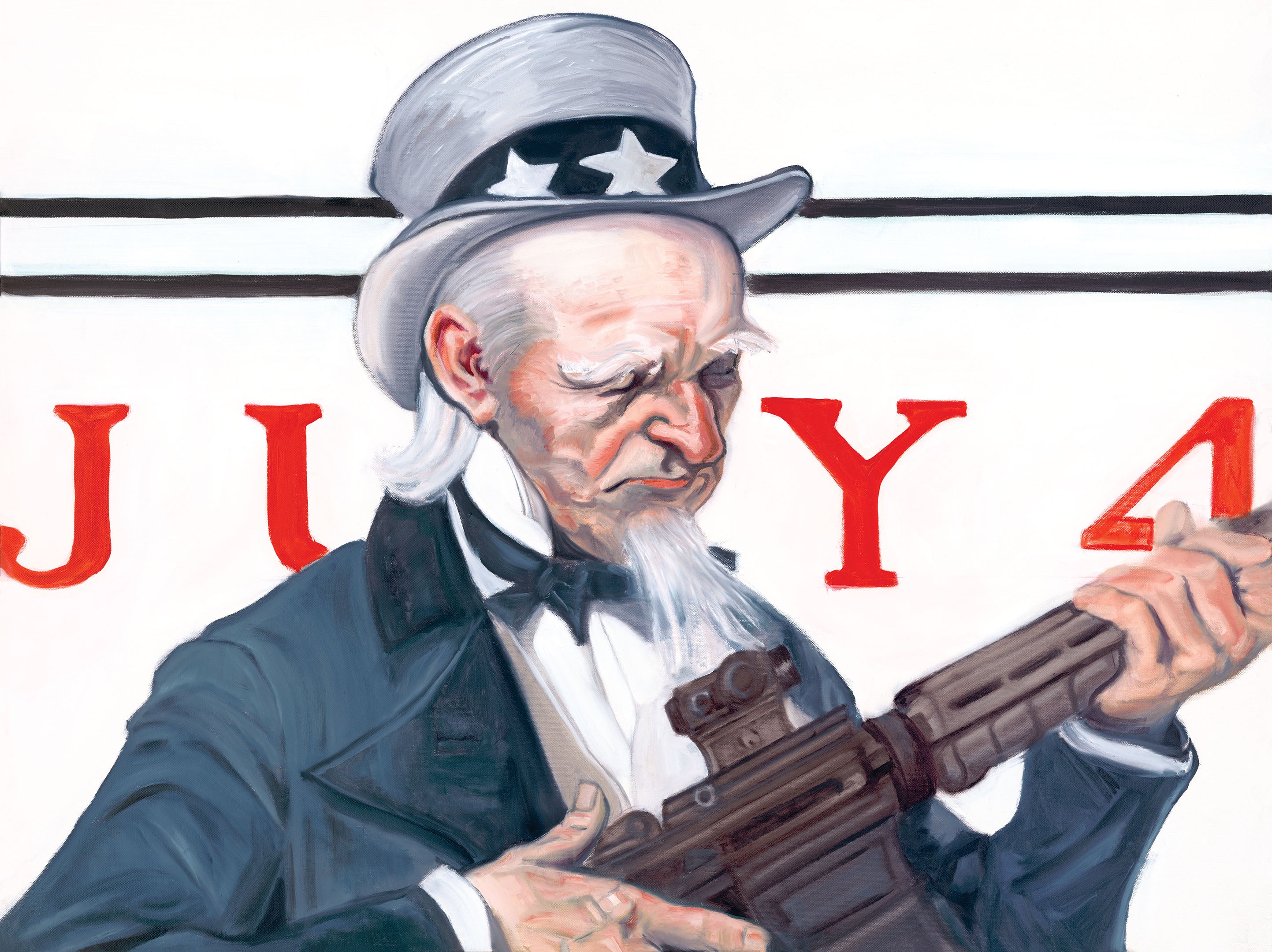 Art print of Uncle Sam holding an AR-15 rifle with 'July 4' background by Glenn Beck