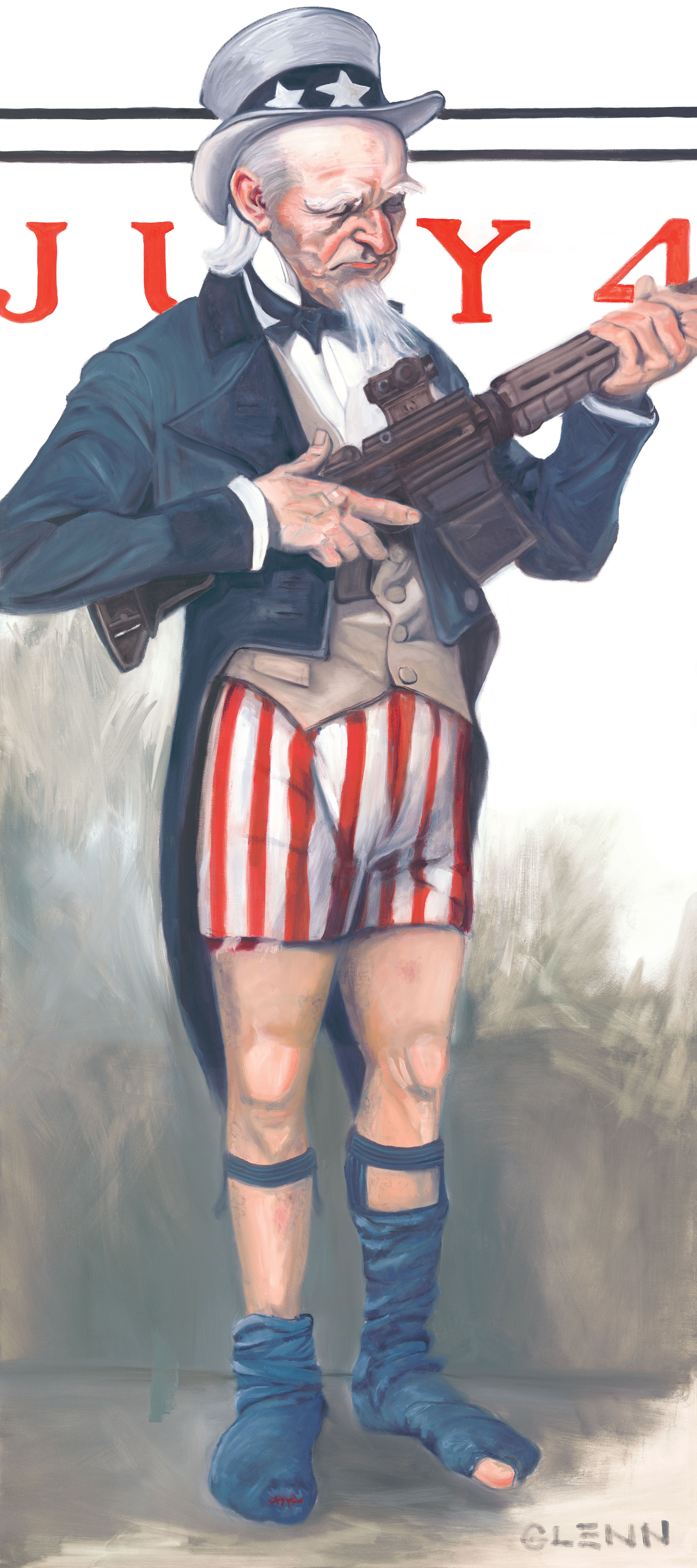 Uncle Sam Caught With Pants Down art print depicting a humbled Uncle Sam in pinstripe underwear by Glenn Beck