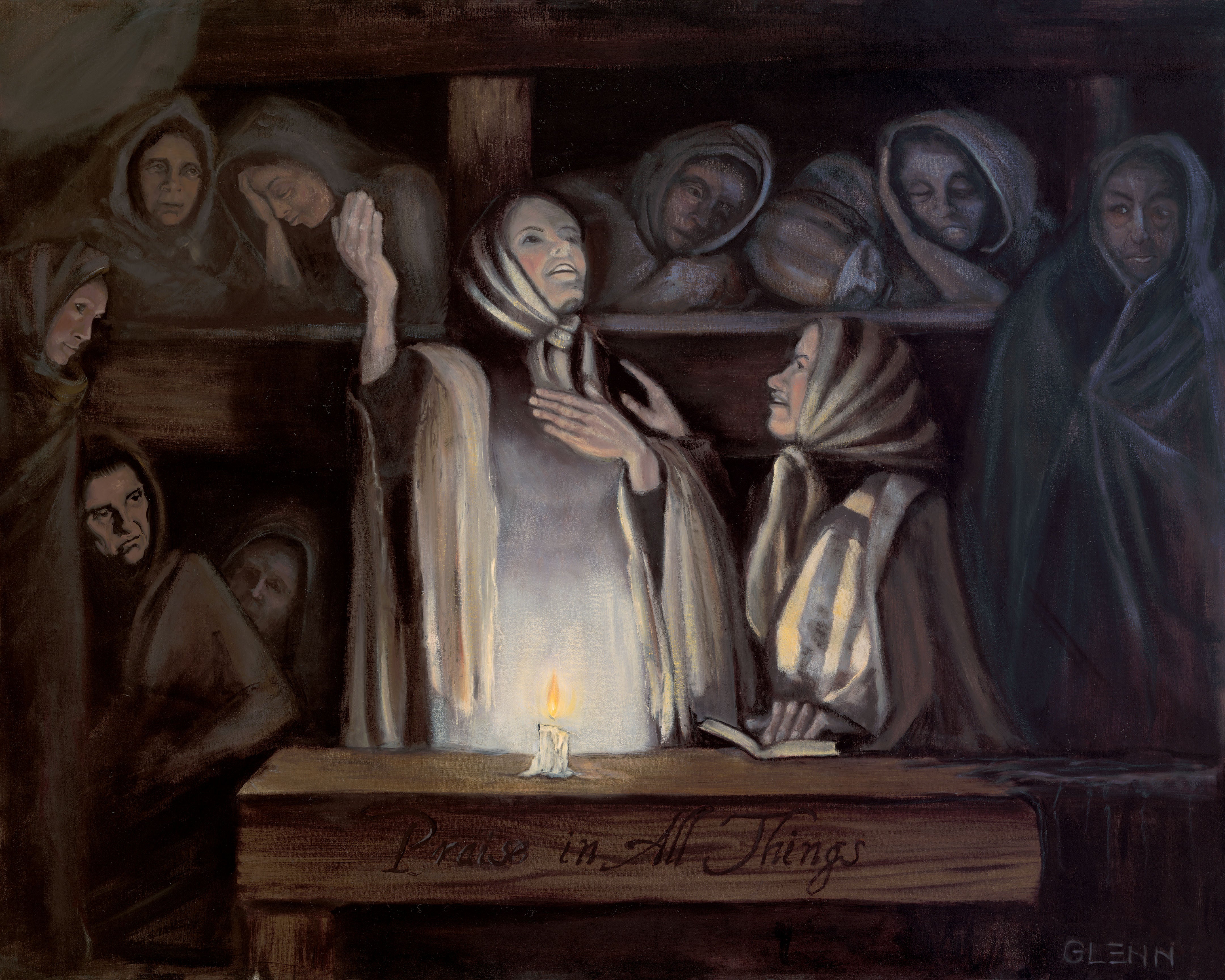 Glenn Beck’s ‘Praise in All Things’ painting of Corrie and Betsie Ten Boom leading fellow prisoners around a candle in Ravensbrück, symbolizing faith in suffering.