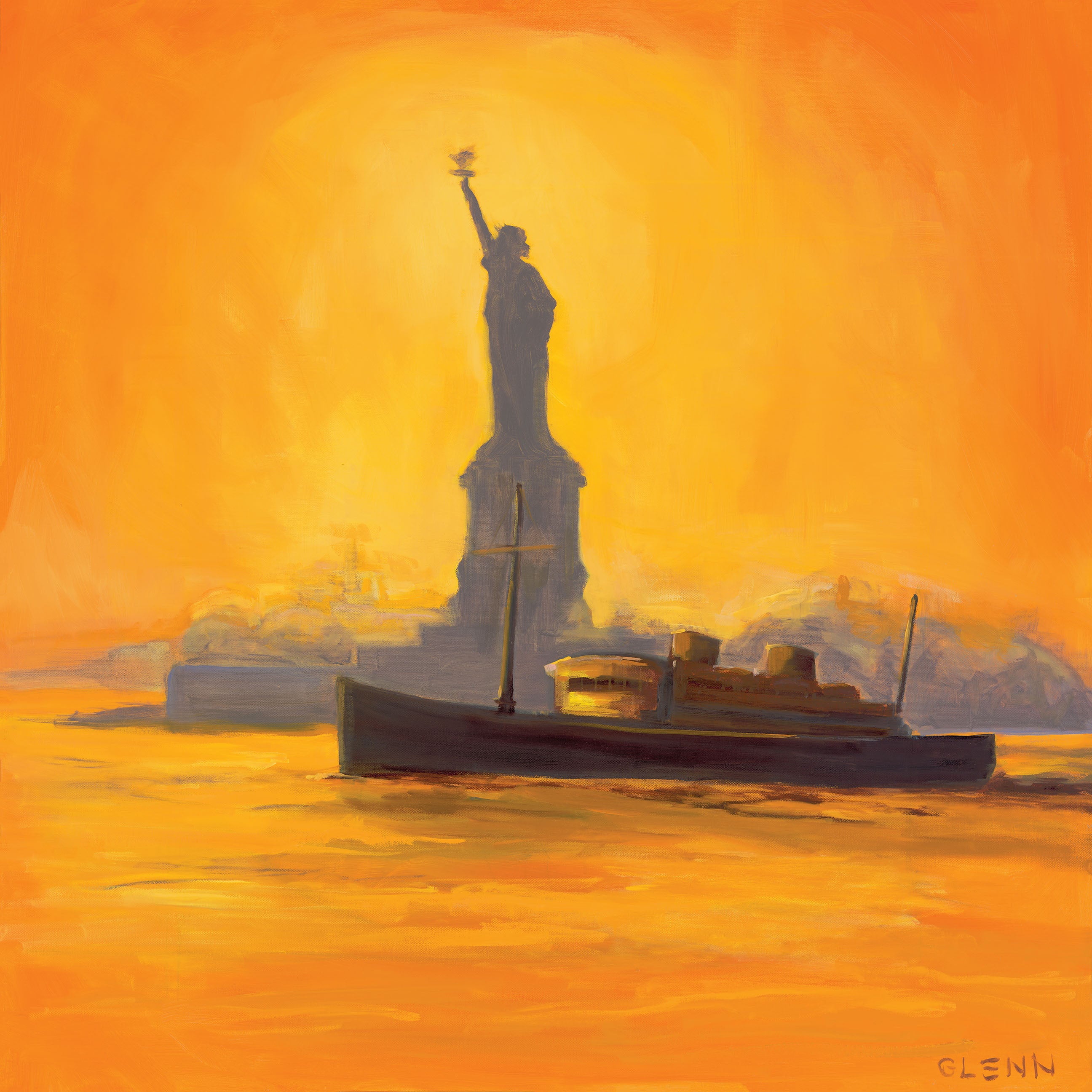 Morning of Hope, Dusk of Despair poster showing MS St. Louis ship passing Statue of Liberty at sunrise – historical art print by Glenn Beck symbolizing hope and despair