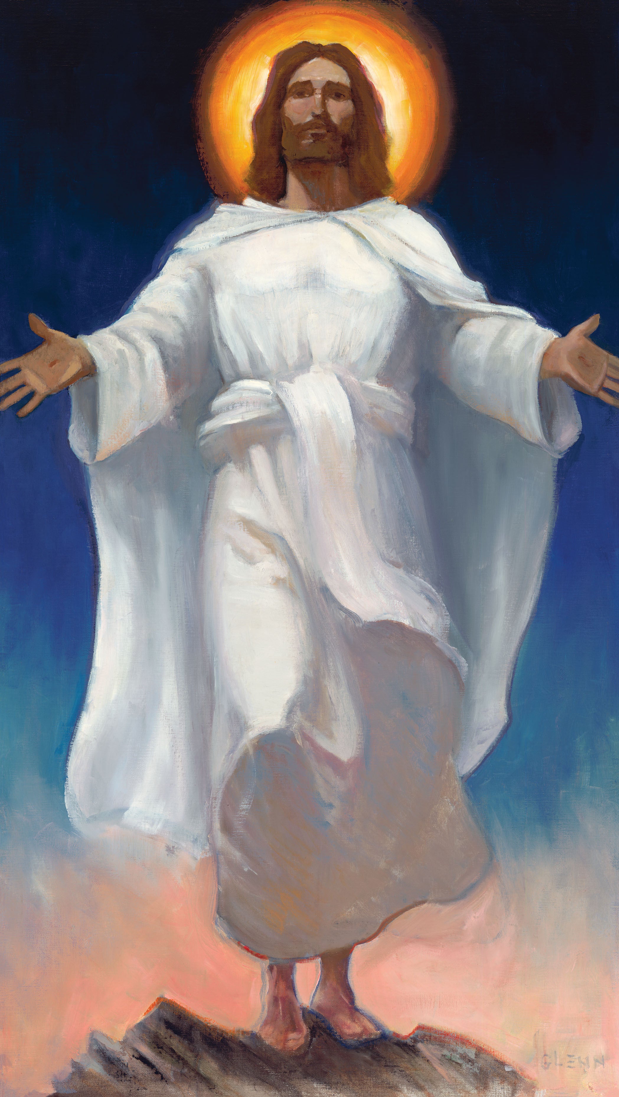 Morning of the First Resurrection print depicting Jesus on a radiant morning with arms open and gentle smile, by Glenn Beck