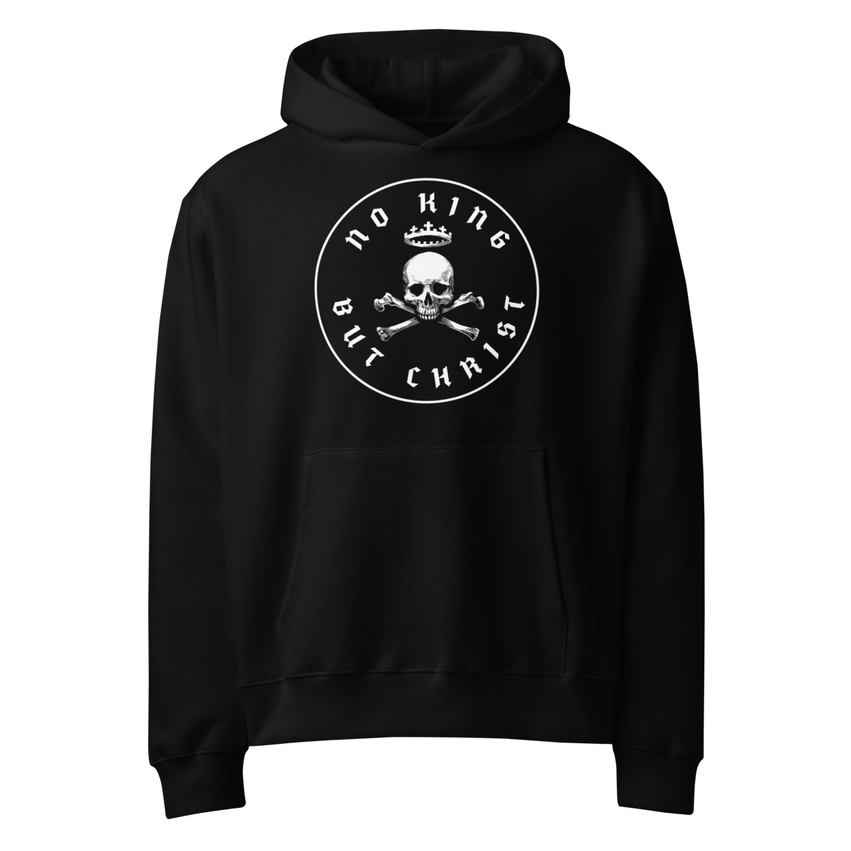 No King But Christ Oversized Hoodie — Black | Faith & Freedom Apparel