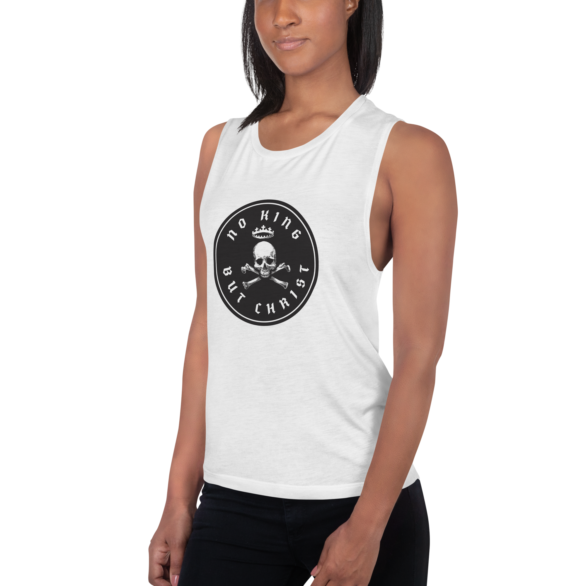 Woman angled left wearing white No King But Christ seal women's flowy muscle tank with black crowned skull-and-crossbones emblem, faith-based apparel by Glenn Beck Shop
