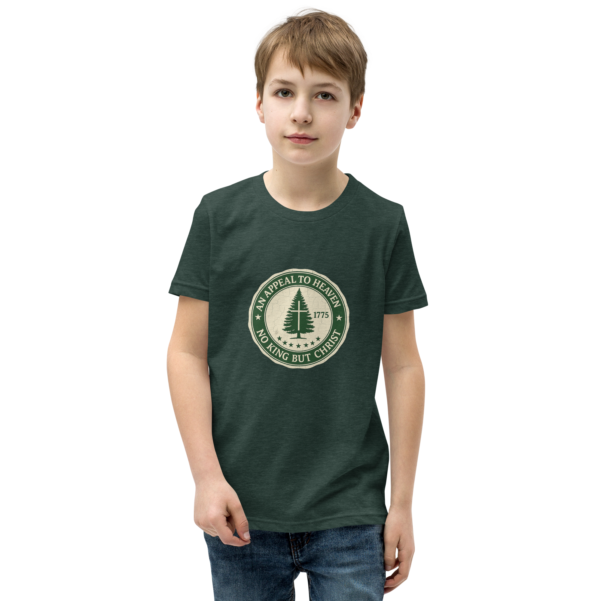 Appeal to Heaven 1775 Seal youth T-shirt in heather forest – No King But Christ by Glenn Beck Shop