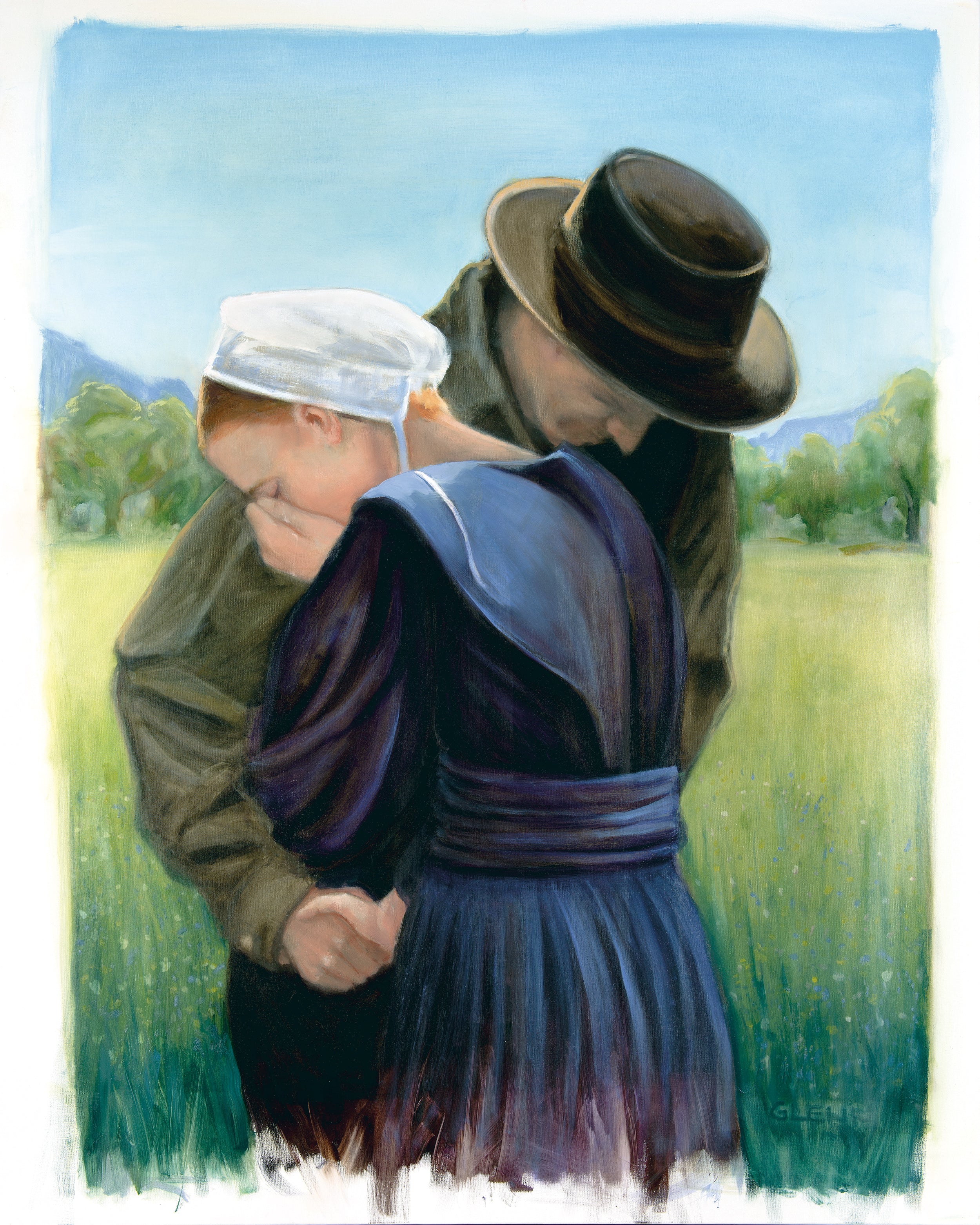 Glenn Beck’s ‘Forgiveness’ art print depicting an Amish parent embracing a child after the 2006 West Nickel Mines school shooting, symbolizing forgiveness amid tragedy.