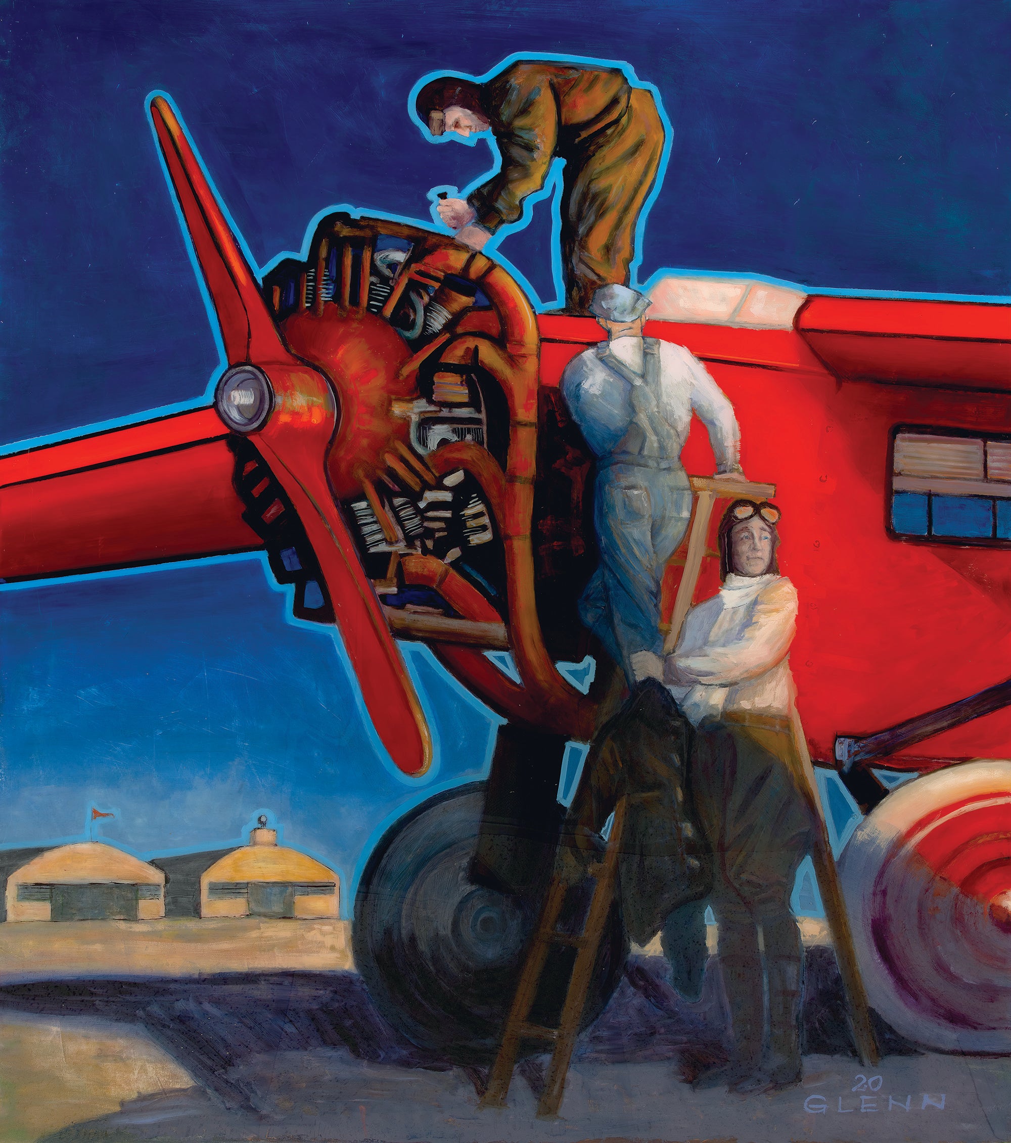 Heroes in the Sky art print featuring early U.S. airmail pilots working on a red biplane by Glenn Beck