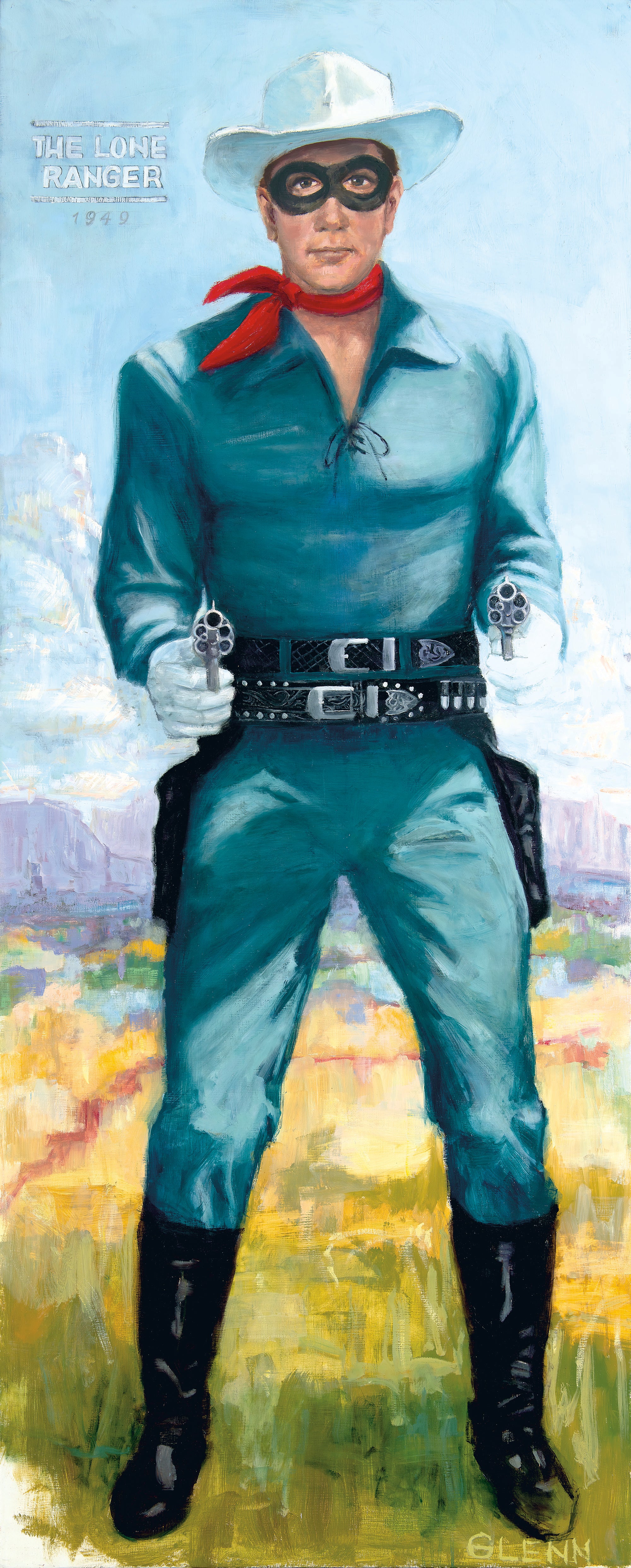 The Lone Ranger art print featuring masked hero in blue western attire and red scarf by Glenn Beck