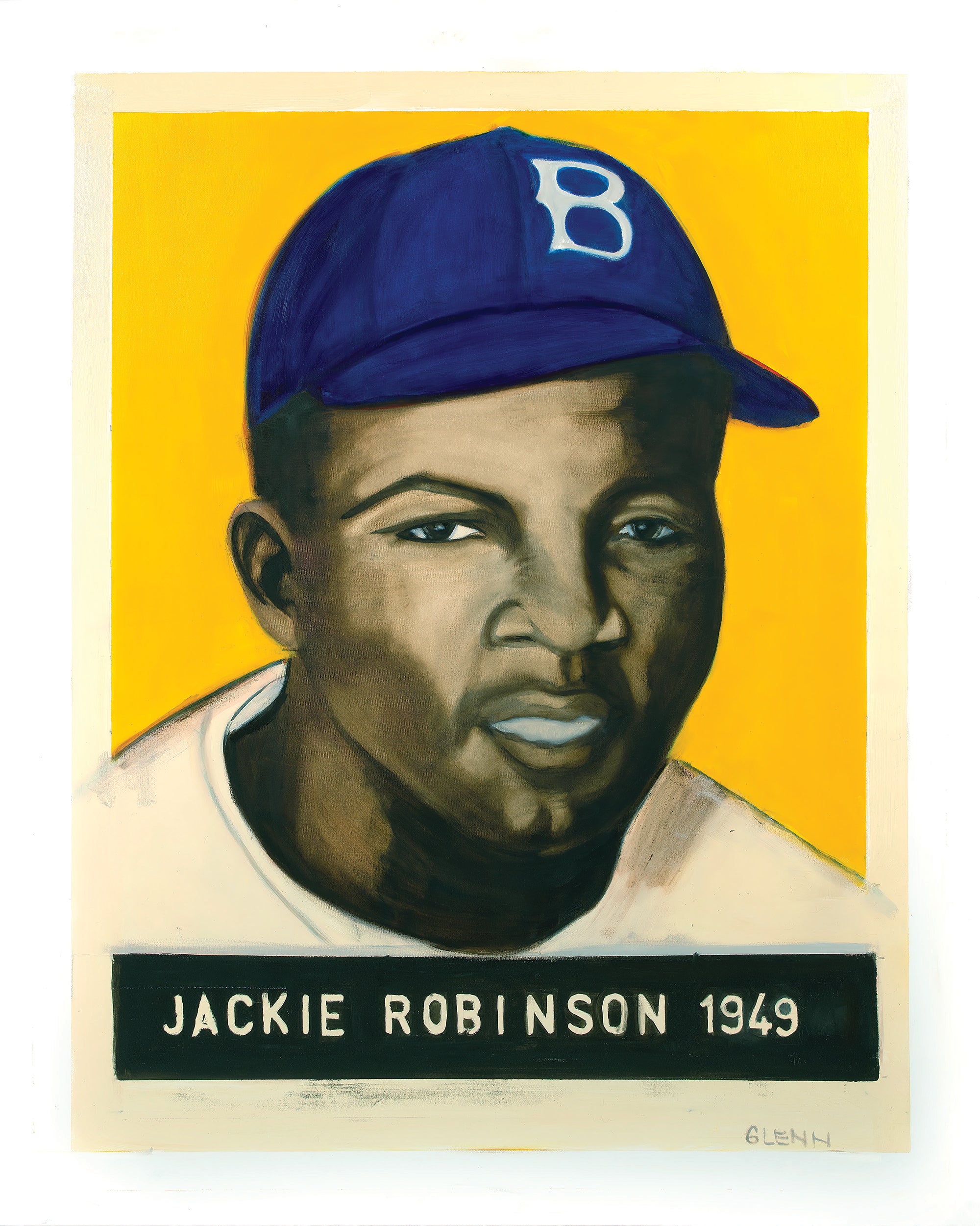 Jackie Robinson giclée art print with Dodgers cap and golden background by Glenn Beck
