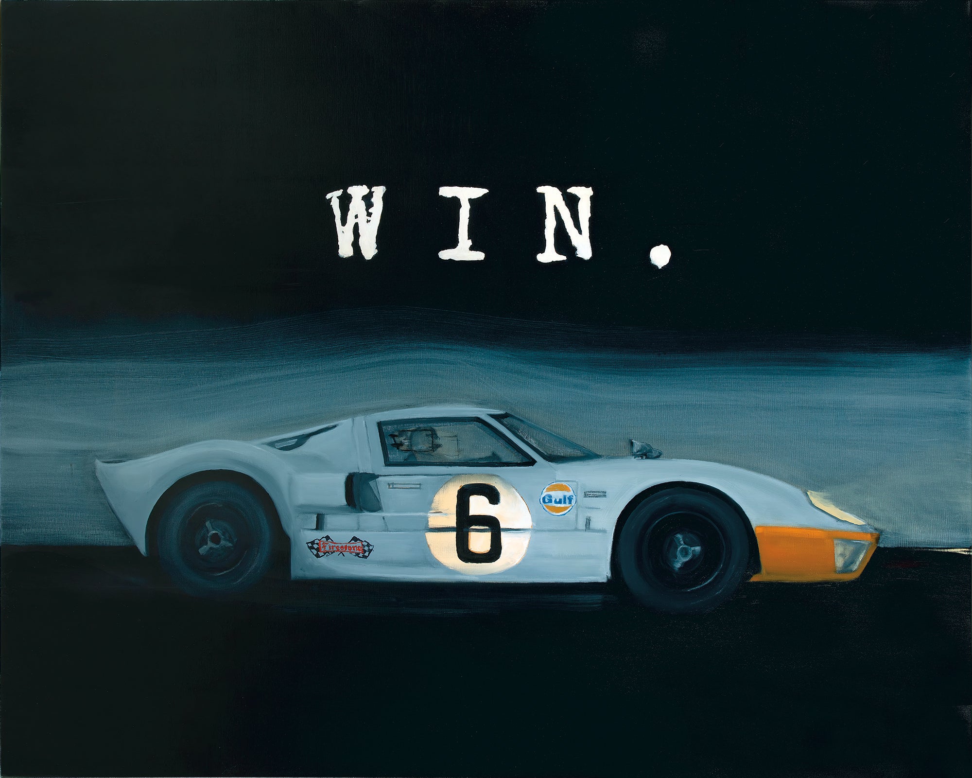 Glenn Beck’s "Win" art print featuring the Ford GT40 Mk I #6 race car with Gulf livery, capturing its 1969 Le Mans victory.